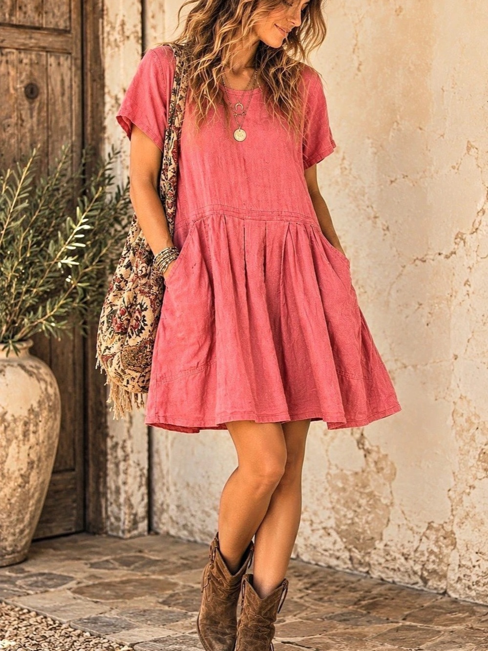 FLAX Petite Linen Mini Dress in Pink